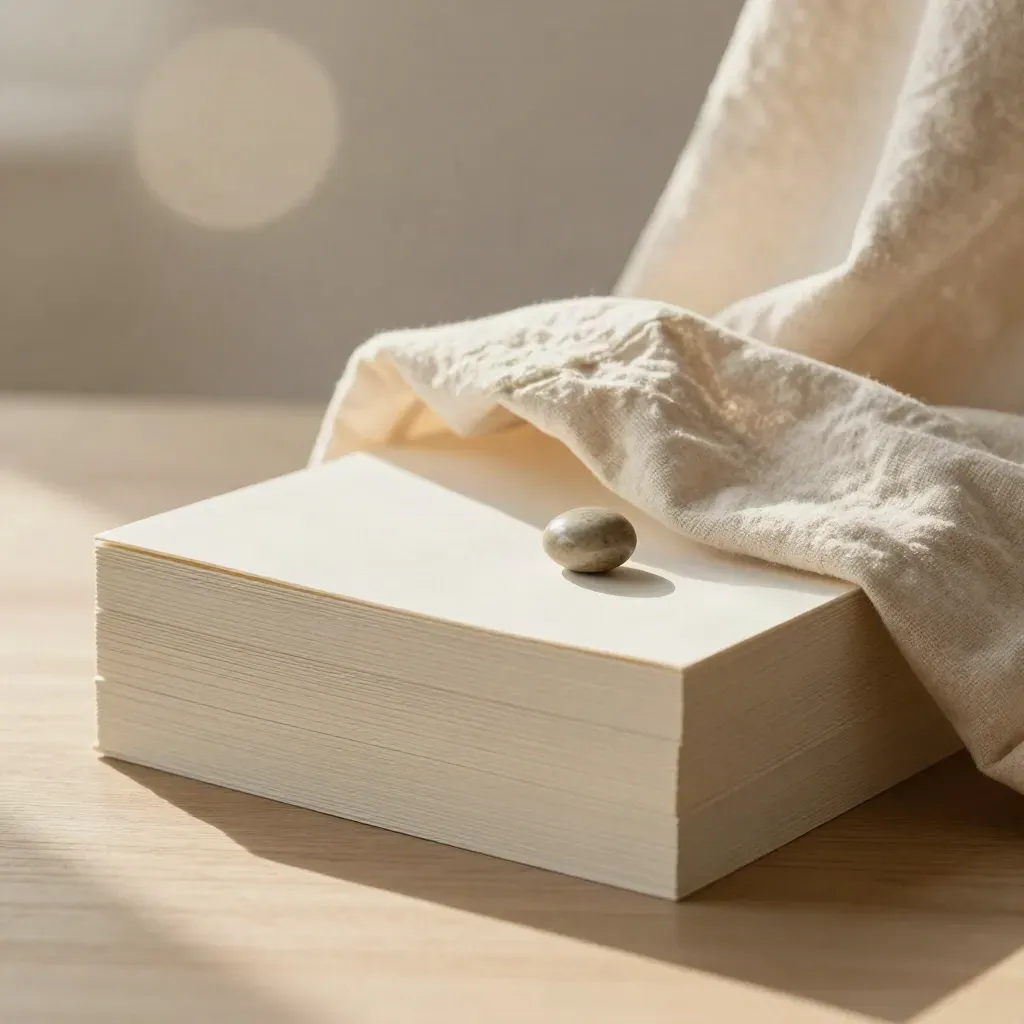 Off-white panels, linen sleeve and stone paperweight on pale oak under soft warm light.