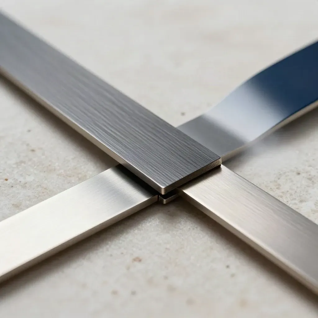 Graphite and brushed metal transfer pieces sliding in a misty stone channel.