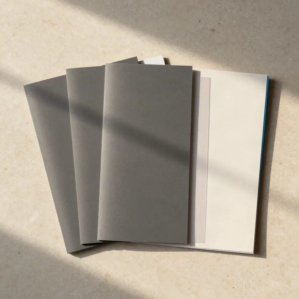 Overhead flatlay of three graphite panels, a spacer, and a pale sleeve on travertine.