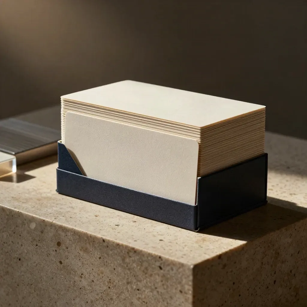 Six matte cards in a dark sleeve box on travertine, lit as a premium studio hero.