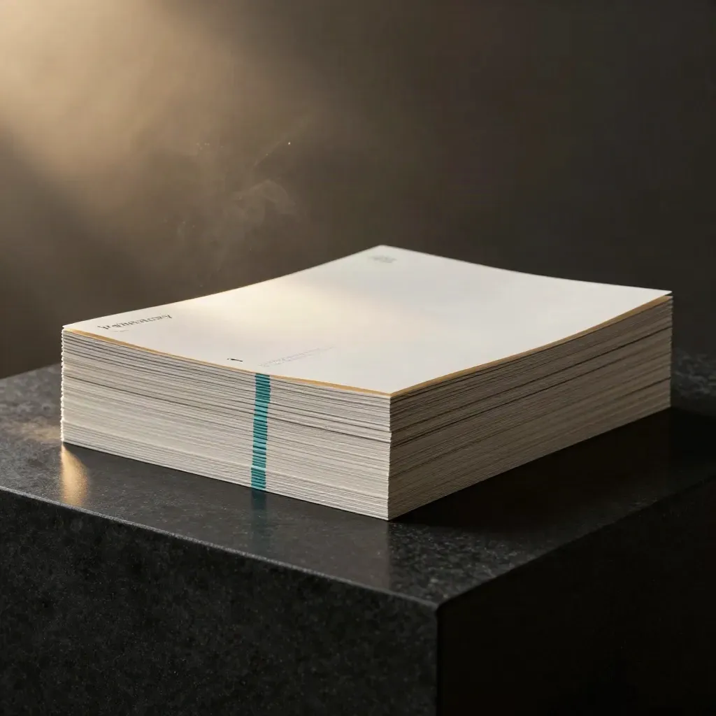 Layered off-white workflow panels with graphite spine and teal markers on a dark studio plinth.