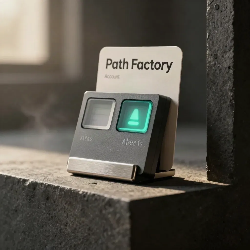 Graphite alert module with glowing teal tiles on a dark stone ledge, softly blurred.