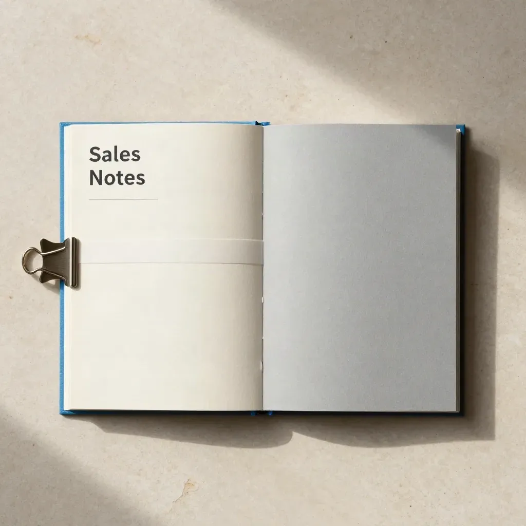 Overhead slate booklet, divider strip, and metal clip on limestone with a subtle blue accent.