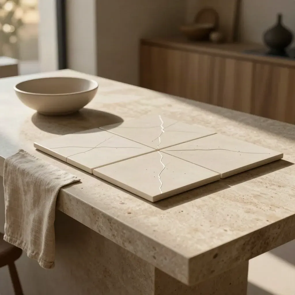 Sunlit travertine loft table with linen, ceramic bowl and journey-map tiles in soft haze