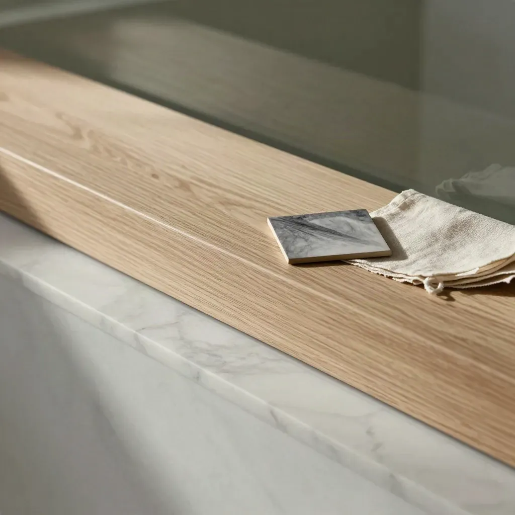 Pale oak and marble ledge with graphite tile, blurred glass wall, and distant staircase