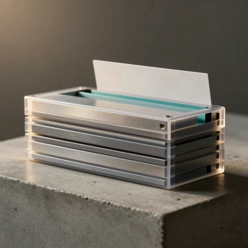 Four unbranded modules with a translucent sheath and aluminum tray on a concrete plinth.