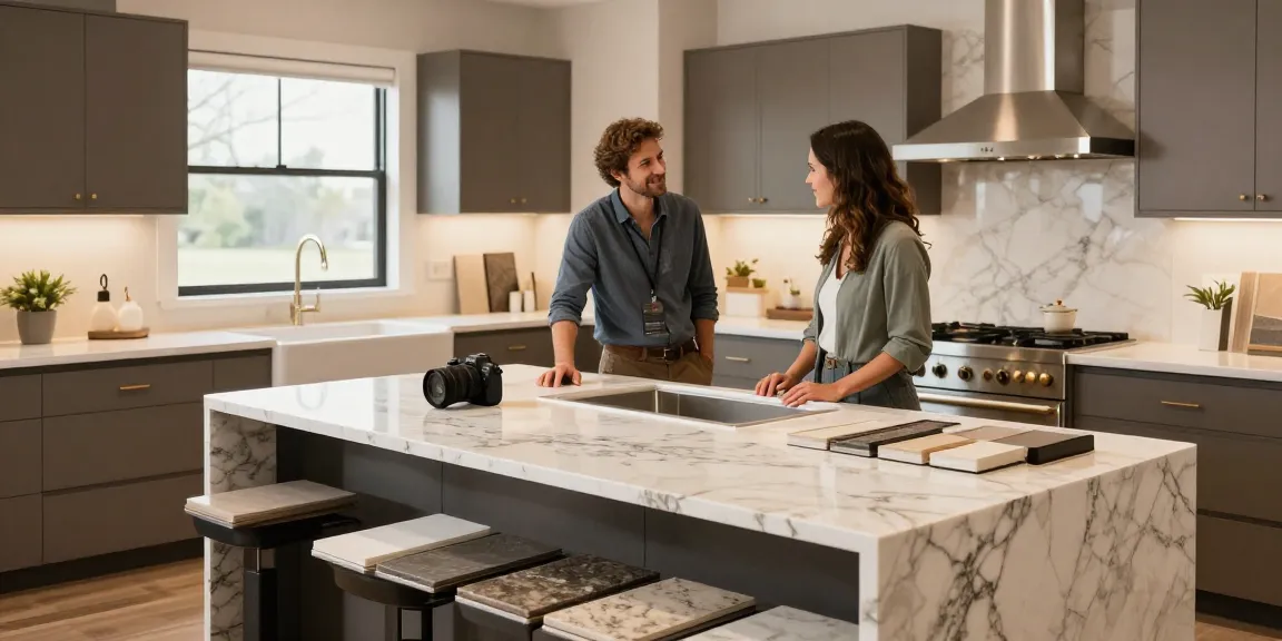 Custom countertop designers Hamilton working with clients in elegant kitchen showroom.